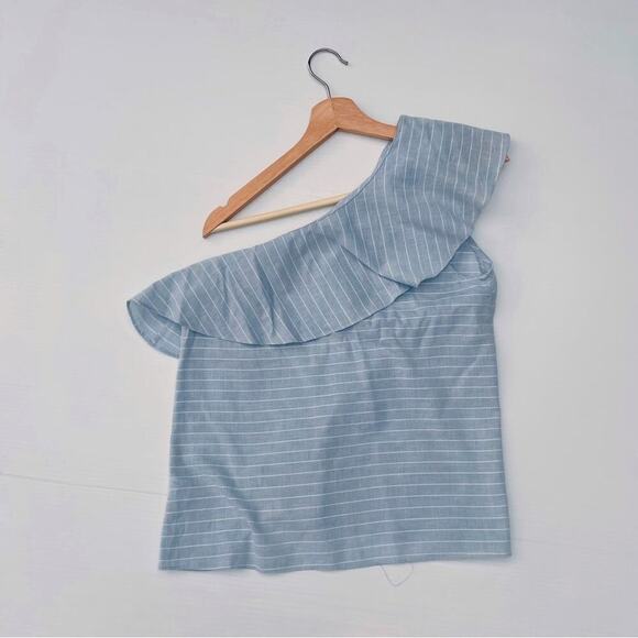 L’Acadamie one shoulder chambray tank top size small blue w/ white stripes - Picture 3 of 8